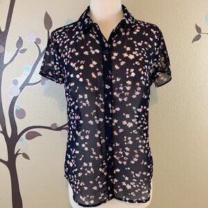 Ann Taylor LOFT XS Semi Sheer Button Down Shirt Top Navy Blue Floral